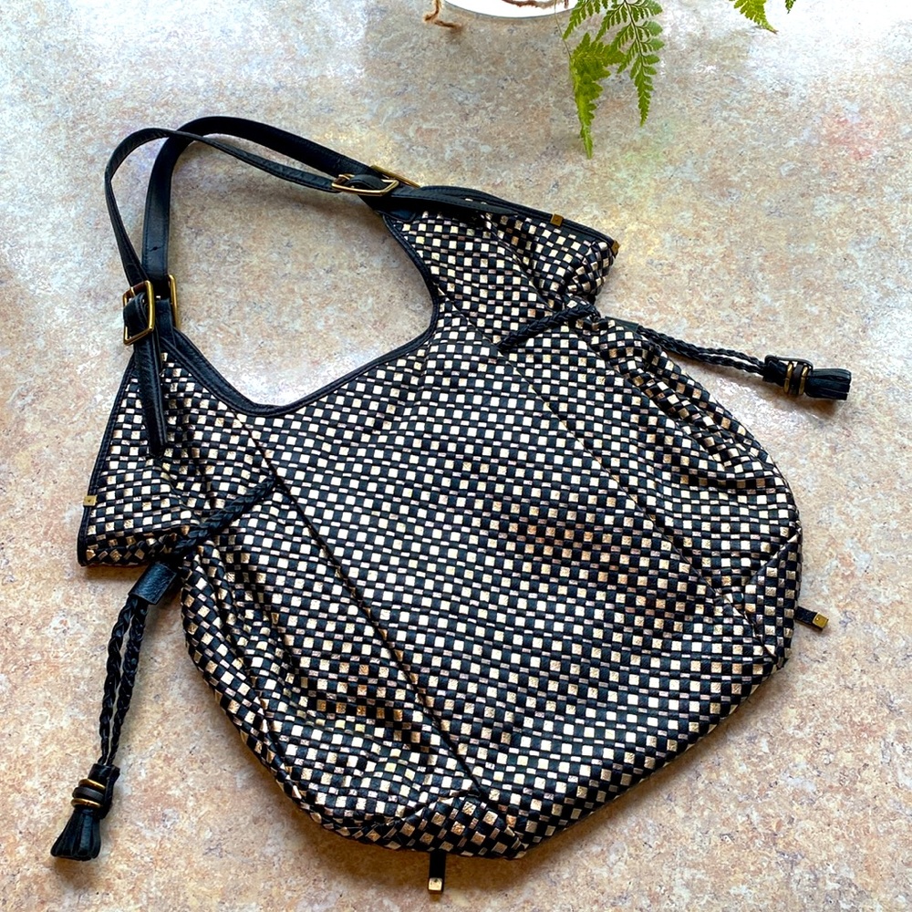 Elliott Lucca Woven Black Gold Leather Hobo Bag